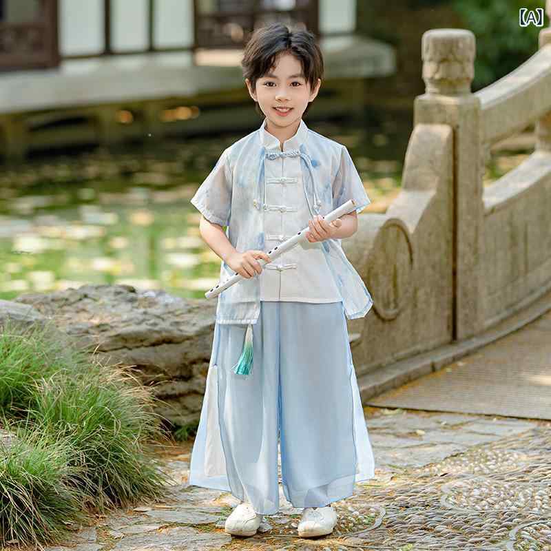 キッズ 男の子 女の子 半袖 唐装 漢服 セットアップ 新中華風 発表会 舞台衣装 薄手 夏物 中国伝統衣装 シフォン ポリエステル プリンセス かわいい ブルー