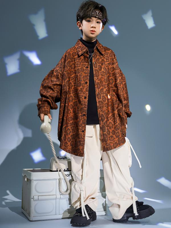 キッズ ダンス衣装 男の子 女の子 ストリート ヒップホップ セットアップ 発表会 ステージ パフォーマンス クール 綿 コットン ヒョウ柄 カーゴパンツ 韓国風