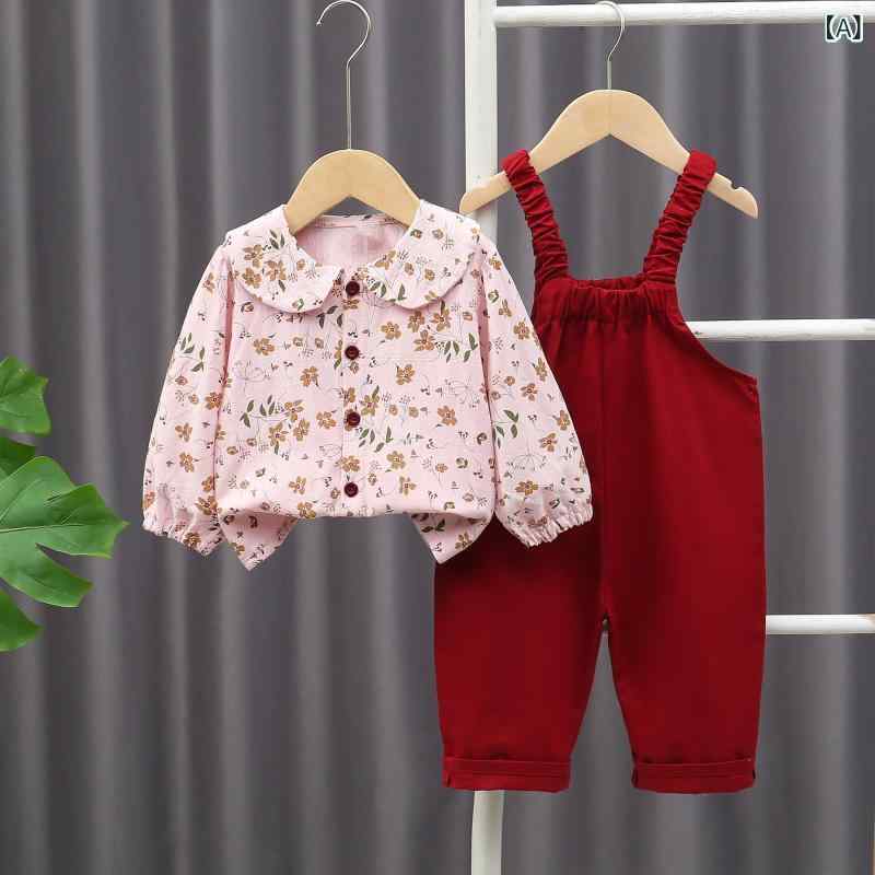 ベビー服 女の子 春秋 セットアップ サロペット オーバーオール 長袖シャツ ロングパンツ 2点セット かわいい おしゃれ カジュアル 綿 コットン 花柄プリント フリル