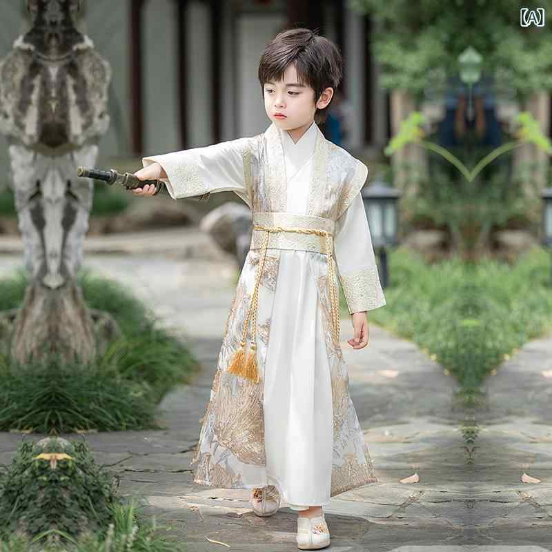 キッズ 漢服 男の子 ジュニア 中国伝統衣装 中国風 高級感 辰年 古風 舞台衣装 発表会 イベント セットアップ ポリエステル素材 柔らか素材 ゴールド系