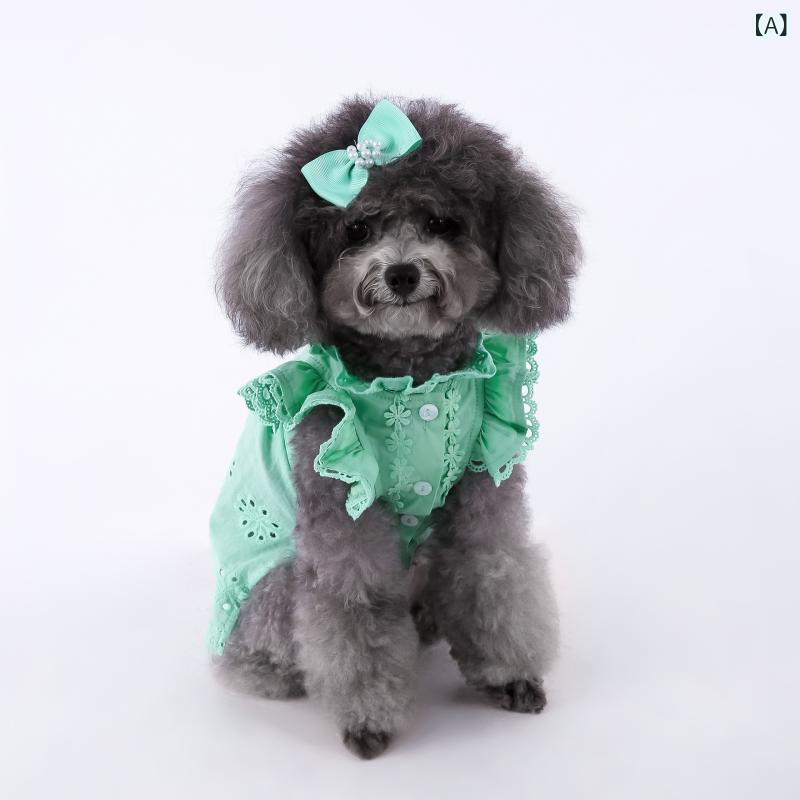 ペット服 犬 猫 夏物 レース フリル袖 プリンセス ドレス ワンピース 薄手 軽量 コットンブレンド ヘッドドレス かわいい キュート お散歩 お出かけ 記念撮影 SNS映え 多色展開