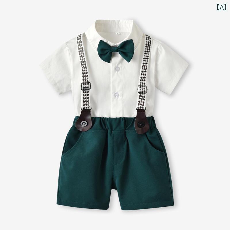 キッズ フォーマル 男の子 男児 子供服 春夏 礼服 半袖 襟付き コットン トップス サスペンダー ショートパンツ 結婚式 発表会 バースデー フラワーボーイ 衣装