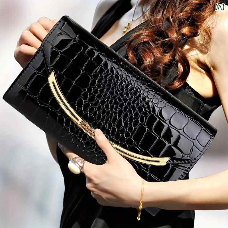バッグ ユニセックス エナメルレザー クラッチバッグ クロコダイル柄 大容量 PUレザー エンベロープ型 横型 スクエア ファスナー マグネット開閉 多機能 内ポケット付き ブラック シック モダン デイリー 普段使い 通勤