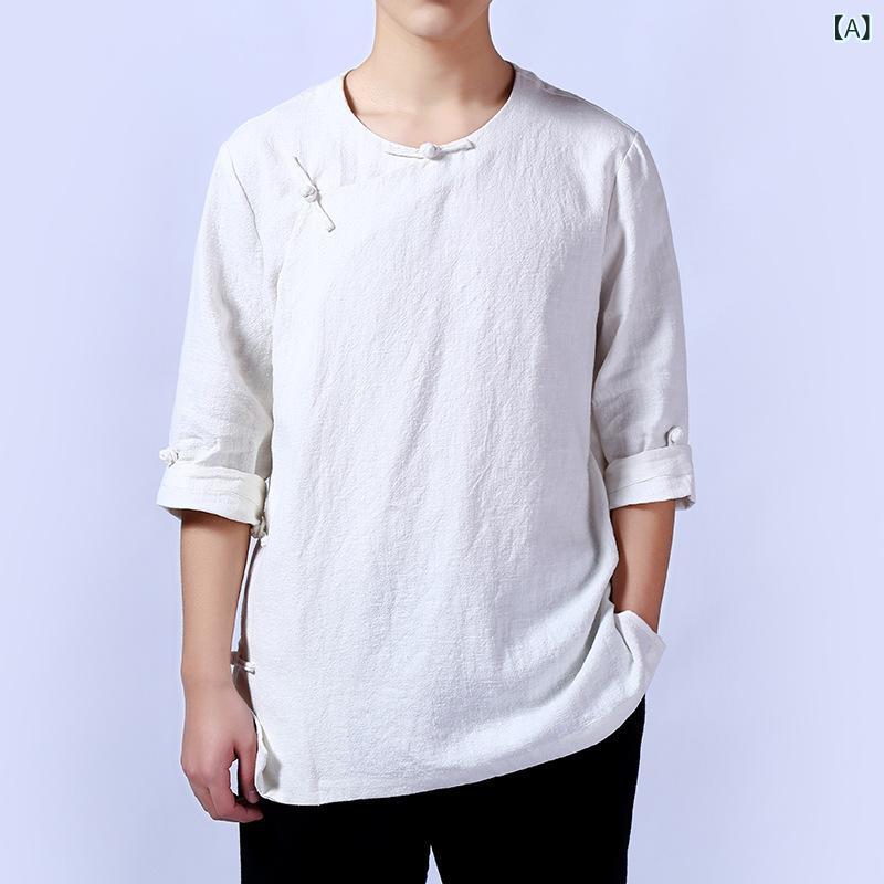 Tシャツ メンズ 春夏 チャイナ風 七分袖 リネン 綿麻混紡 スタンドカラー 盤ボタン ツイストデザイン 無地 ゆったり ビッグシルエット カジュアル 普段使い トップス 大きいサイズ