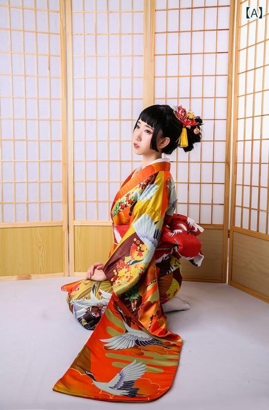 和服 レディース 振袖 正装 フォーマル 礼装 着物 成人式 卒業式 結婚式 舞台衣装 発表会 伝統柄 鶴柄 配置プリント ポリエステル 赤色 オールシーズン