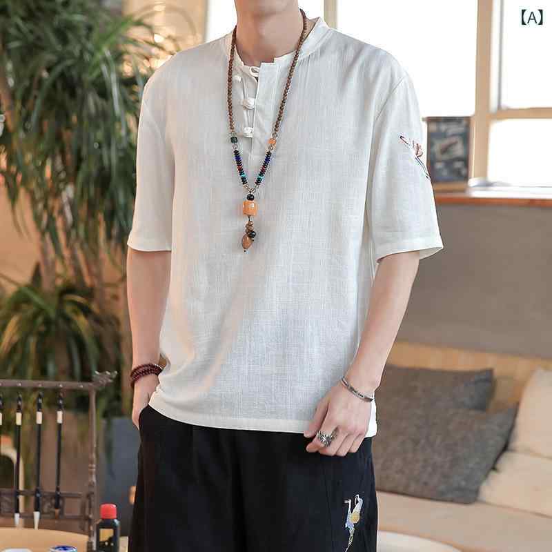 Tシャツ メンズ 男性用 チャイナ風 春夏 リネン 綿麻混紡 刺繍 半袖 大きいサイズ ビッグサイズ チャイナボタン 襟付き プルオーバー カジュアル 普段着 トップス