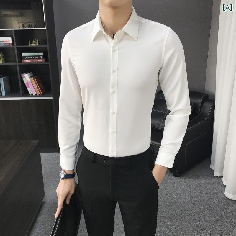 シャツ メンズ 春秋 韓国ファッション 無地 長袖 ノーアイロン スリムフィット 大きいサイズ ビジネス カジュアル 通勤 フォーマル 襟付き ポリエステル 混紡素材 シワになりにくい