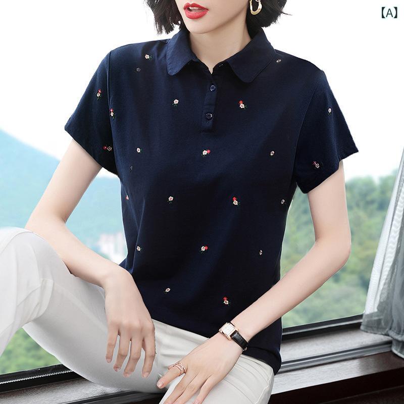 Tシャツ レディース ミセス ママ 半袖 ポロシャツ 綿 コットン 刺繍 襟付き 小花柄 上品 カジュアル ゆったり 体型カバー トップス デイリーユース ブルー 春夏