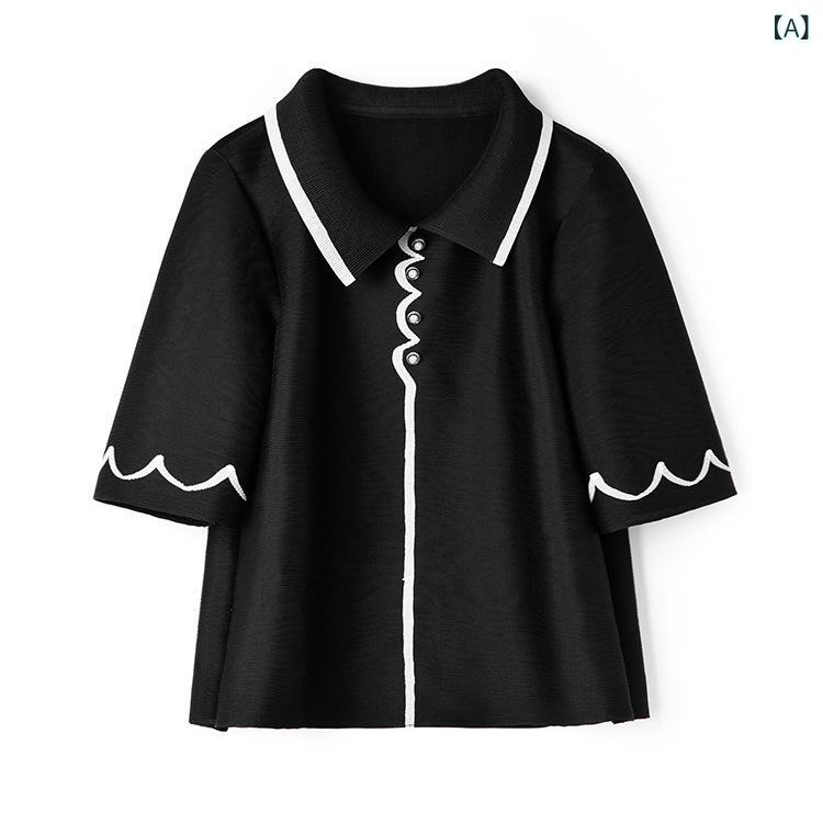 Tシャツ レディース 春夏 接触冷感 プリーツ加工 ゆったり ルーズフィット シャツ襟 装飾ボタン 半袖 ショート丈 かわいい カジュアル