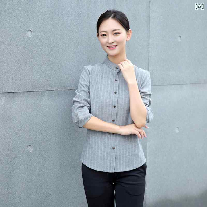ユニフォーム 男女兼用 秋冬 長袖 スタンドカラー シャツ 作業服 ケーキ店 パン屋 カフェ 喫茶店 レジスタッフ 飲食店 ホテル レストラン 制服 吸湿速乾 綿混 グレー ブルー