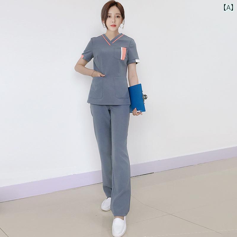 スクラブ レディース 韓国風 スリムフィット 半袖 グレー 病院 歯科 医療用 ナース服 ドクター 医師 看護師 制服 ユニフォーム 吸汗速乾 ポリエステル 春夏
