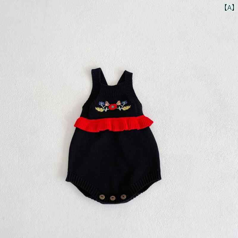 ロンパース 女の子 ベビー 綿100% ニット 刺繍 サロペット ノースリーブ カバーオール 股下スナップ 春秋 カジュアル ブラック アイボリー グリーン
