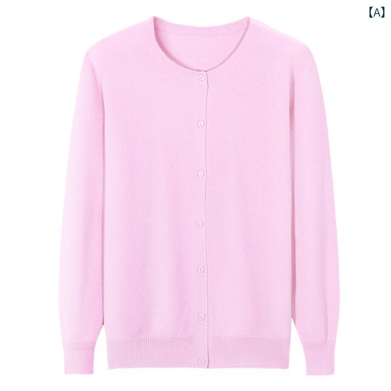 ニットカーディガン レディース 純カシミヤ クルーネック ゆったり 保温 暖かい オフィス 通勤 デイリー 普段使い ピンク レッド グレー グリーン 上着 トップス 羽織り