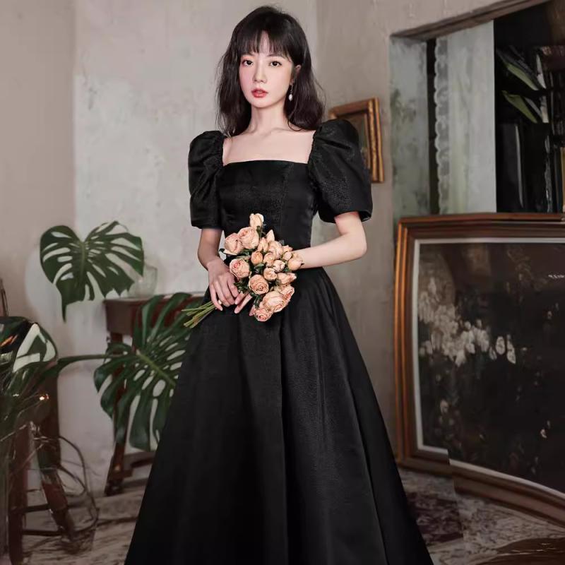 ドレス レディース ブラック 2WAY パフスリーブ サテン パーティードレス フォーマル イブニングドレス 結婚式 二次会 お呼ばれ Aライン ハイウエスト ロング丈 ミドル丈