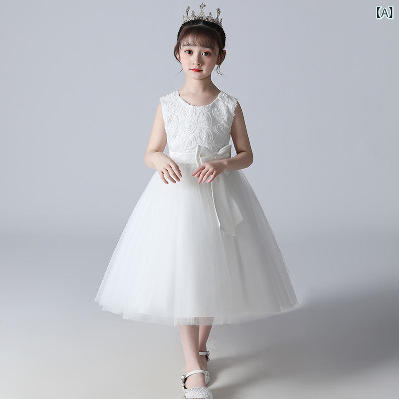 キッズドレス 女の子 春夏 フォーマル プリンセス ワンピース 発表会 誕生日 結婚式 ピアノ フラワーガール ノースリーブ 花柄 リボン ホワイト ピンク ポリエステル素材 綿裏地