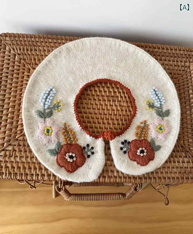 付け襟 キッズ 女の子 上質 メリノウール ハンドメイド 花柄刺繍 フラワーモチーフ 上品 かわいい おしゃれ 秋冬 お出かけ フォーマル ベージュ ブラック レッド