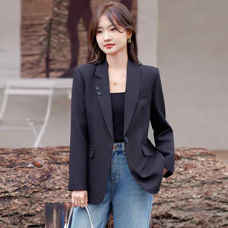 テーラードジャケット レディース 女性用 ダークグレー ゆったり オーバーサイズ 小柄向け きれいめ 上品 オフィスカジュアル 通勤 普段使い シングルボタン 長袖 ポリエステル 春夏