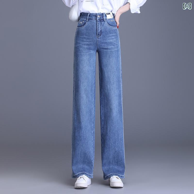 ワイドストレートパンツ レディース デニム ジーンズ ハイウエスト 体型カバー スタイルアップ ロング丈 ウォッシュ加工 カジュアル きれいめ 上品 通勤 オフィス 普段使い 春夏 ブルー ブラック 再生繊維 ビスコース