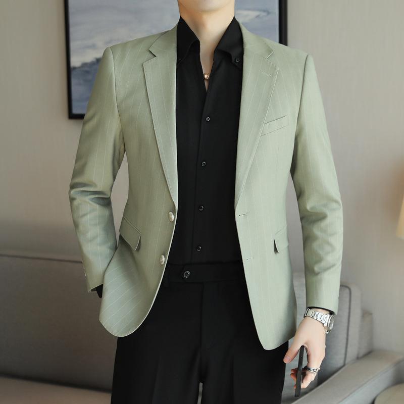ジャケット メンズ 男性用 春物 カジュアル ビジネススーツ 韓国風 スリムフィット 細身 大きいサイズ ストライプ柄 アウター 上着 シングルブレスト イージーケア ポリエステル混紡 ライトグリーン