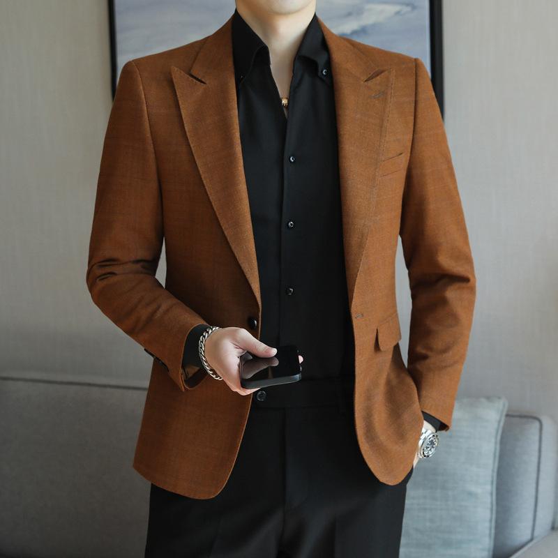 テーラードジャケット メンズ カジュアル 大きいサイズ 韓国系 スリムフィット 英国風 チェック柄 シングルブレスト 一つボタン 春夏 アイロン不要 ポリエステル キャラメル色 長袖 6,292円
