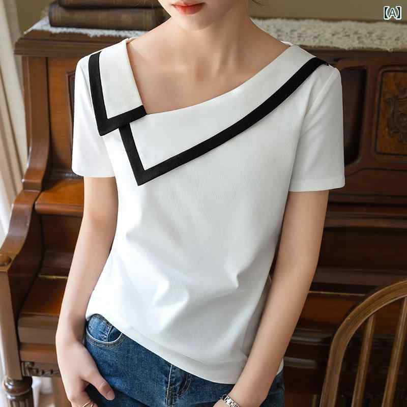 Tシャツ レディース 半袖 春夏 フレンチ オフショルダー Vネック 綿 配色切り替え襟 スリムフィット エレガント きれいめ 通勤 白 黒