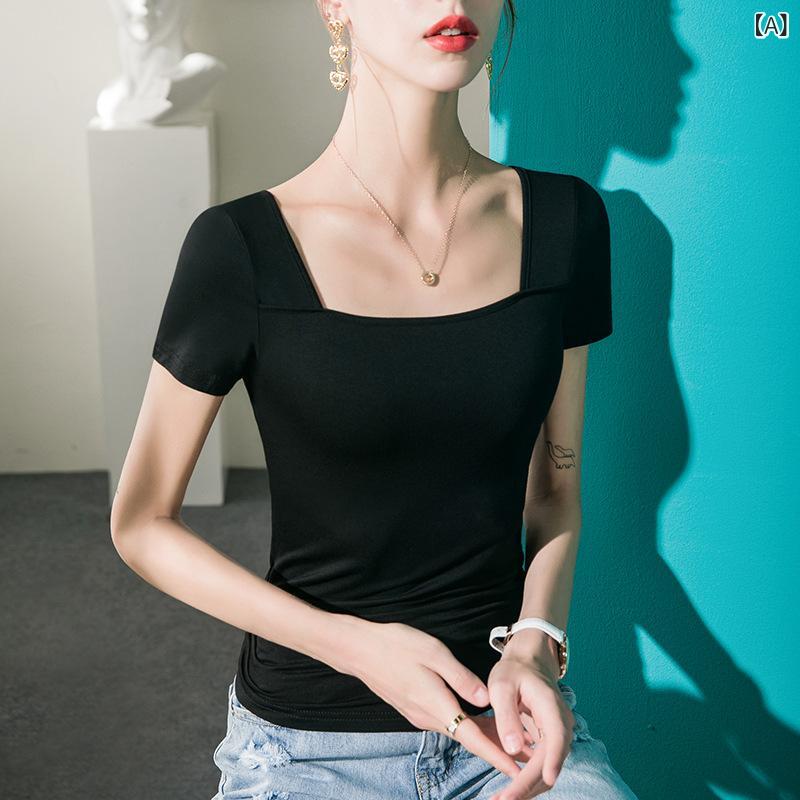 Tシャツ レディース スクエアネック 半袖 スリムフィット 無地 フレンチスタイル 韓国風 着回し 春夏 再生繊維 伸縮性 フェミニン シンプル 普段使い オフィス カジュアル
