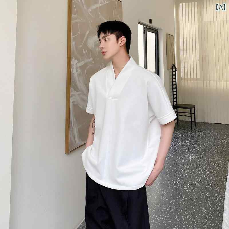 Tシャツ メンズ 男性用 春夏 Vネック プルオーバー 改良 チャイナ風 韓国ファッション 無地 再生繊維 スリムフィット カジュアル トップス カットソー ホワイト ブラック