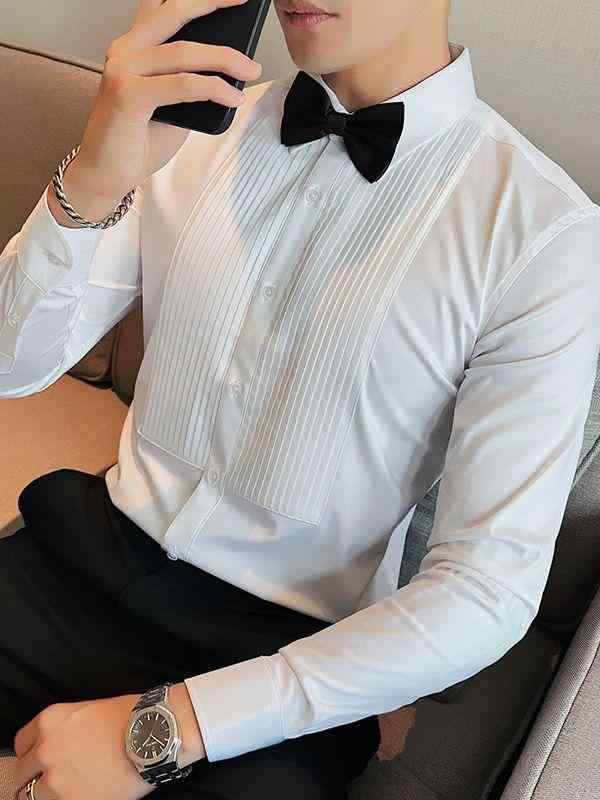 シャツ メンズ 男性用 プリーツ加工 長袖 スリムフィット ライトビジネス モード ドレスシャツ フォーマル トップス ポリエステル 秋冬