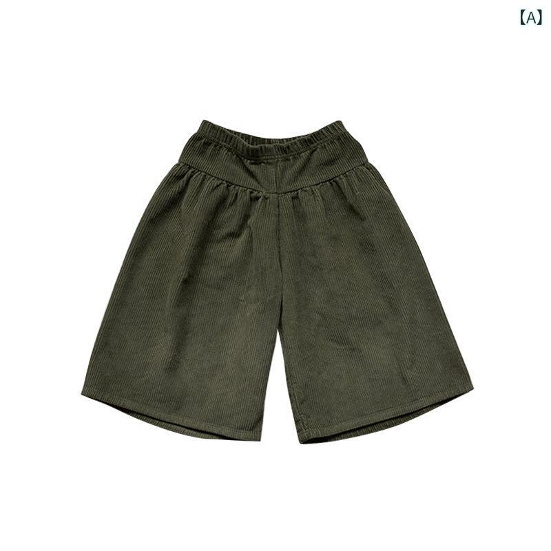 パンツ キッズ 男の子 女の子 コーデュロイ ワイドパンツ 九分丈 ゆったり リラックスフィット ギャザー ウエストゴム ミドルウエスト カジュアル デイリーユース 秋色 無地 コットンブレンド 秋冬