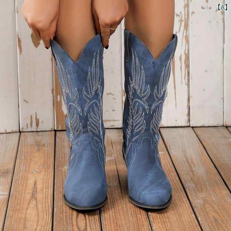 ブーツ レディース 女性用 ライダーブーツ ウエスタン カウボーイ レトロ ヴィンテージ 刺繍 ポインテッドトゥ スクエアヒール ミドル丈 ミドルヒール Vカット
