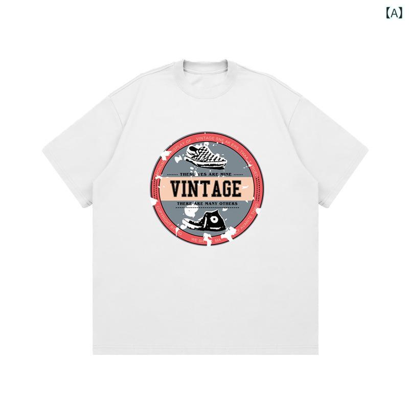 Tシャツ メンズ 半袖 コットン ヘビーウェイト 透けない クルーネック アメリカンカジュアル 靴プリント デザイン性 ビッグシルエット ルーズ ストリート トップス 透湿 防シワ 抗菌 耐摩耗 春夏 普段使い