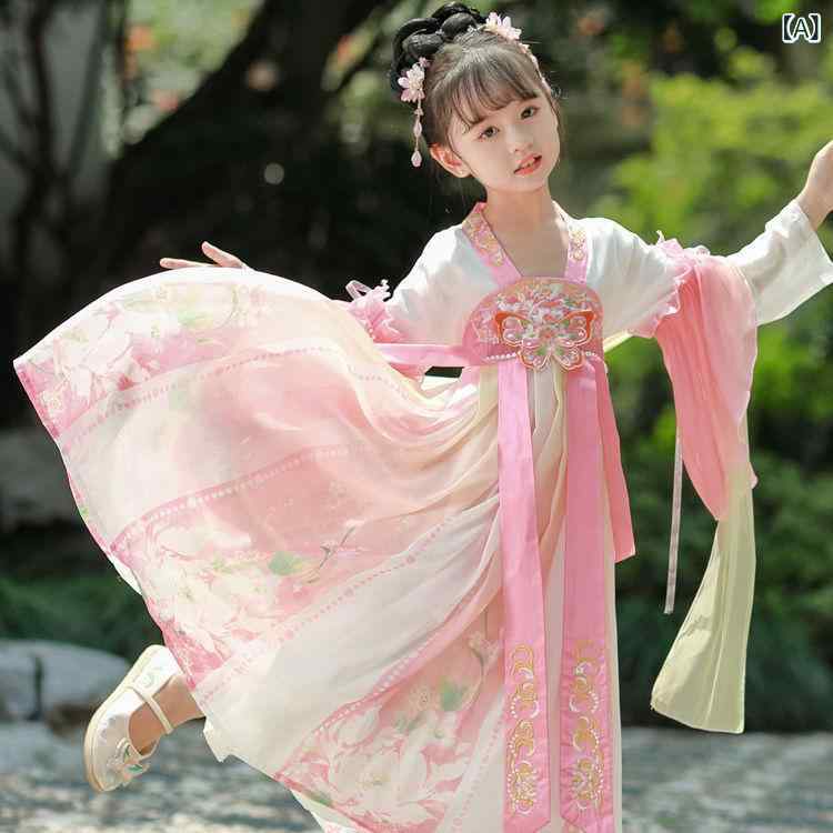 ワンピース 女の子 春夏 刺繍 古風 中国風 かわいい 華やか 唐装 漢服 ドレス プリンセス シフォン ポリエステル 薄手 中大サイズ 蝶柄 ピンク系 レッド系 民族衣装