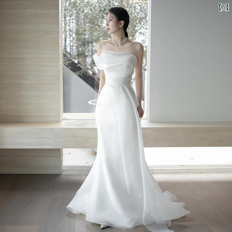 ウェディングドレス レディース オフショルダー 軽量 Aライン 花嫁 結婚式 二次会 披露宴 前撮り 後撮り エレガント フェアリー ナチュラル シンプル 上品 ホワイト ロングドレス 春夏|Hanbok Home