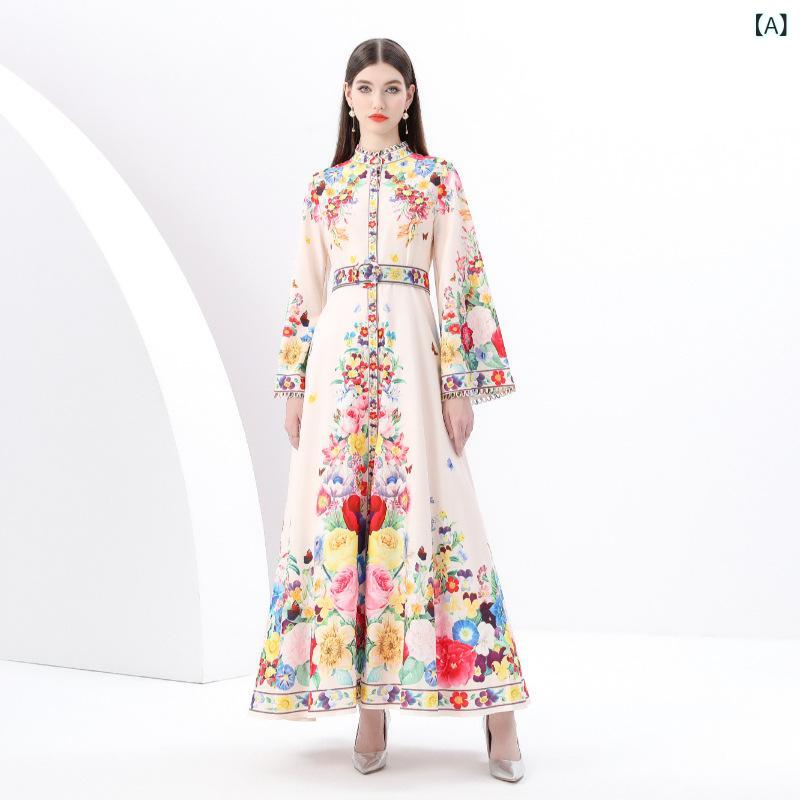 ワンピース レディース ロング丈 リネン素材 スタンドカラー フロントボタン 総柄 ペイント柄 レトロ フレアシルエット 長袖 Aライン カジュアル フェミニン ゆったり 体型カバー 春物