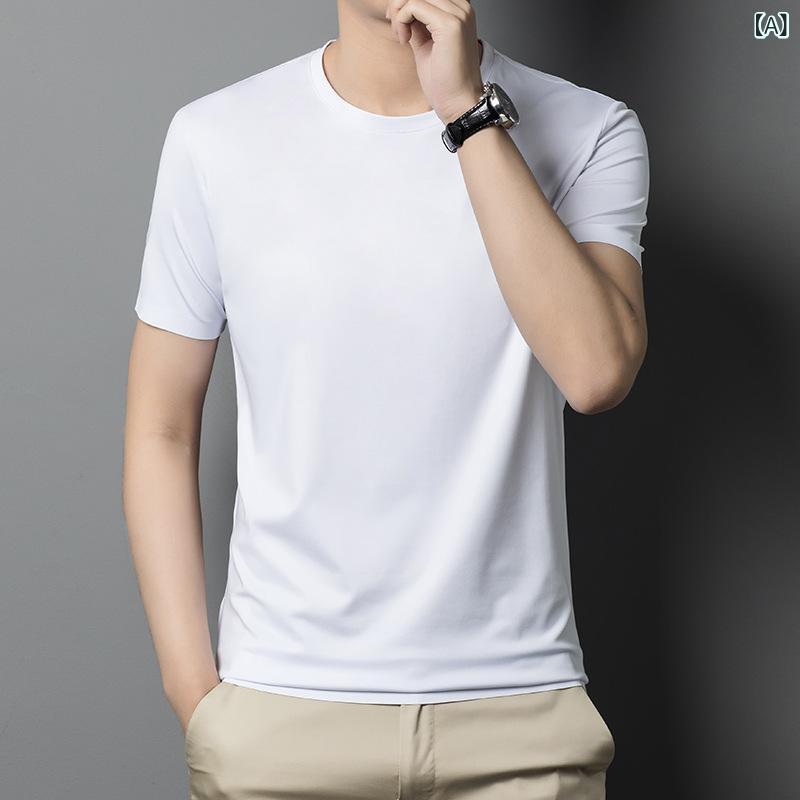 Tシャツ メンズ 男性用 春夏 半袖 トップス 接触冷感 薄手 軽量 防シワ シームレス 吸湿速乾 高弾性 通気性 スリムフィット カジュアル 普段使い ビジネス シンプル ベーシック クルーネック 無地 ホワイト 高級感