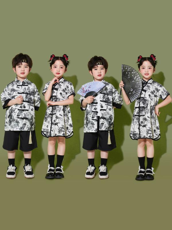 キッズ 男の子 女の子 中国風 漢服 民族服 チャイナドレス 合唱 発表会 舞台 ステージ イベント コスチューム 運動会 チームウェア 小学生 幼稚園 水墨画柄 ポリエステル 半袖