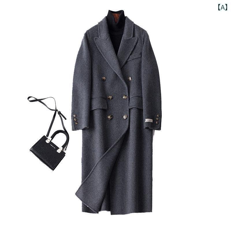 コート レディース 秋冬 高級感 手縫い 厚手 ダブルフェイス ウール カシミヤ アルパカ ロング丈 テーラード ダブルボタン ゆったり 通勤 オフィス