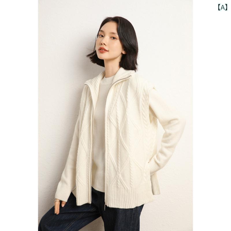 ジップアップニットベスト レディース 秋冬 カシミール ハイネック ジレ ゆったり 朦々たる 生あたたかい 重ね着 体型押しかぶせる 心地よい 無地 トップス