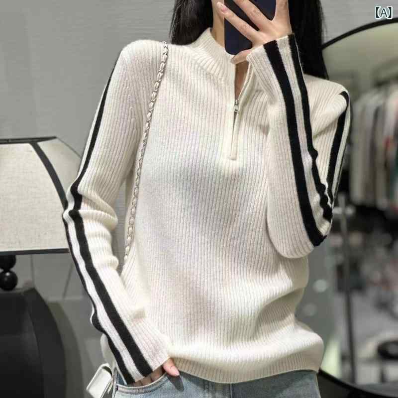 ニット レディース 切り替え ハーフジップ ハイネック プルオーバー ウール カシミヤブレンド スリムフィット 着やせ効果 韓国風 秋冬 セーター トップス カジュアル 普段使い｜Hanbok Home
