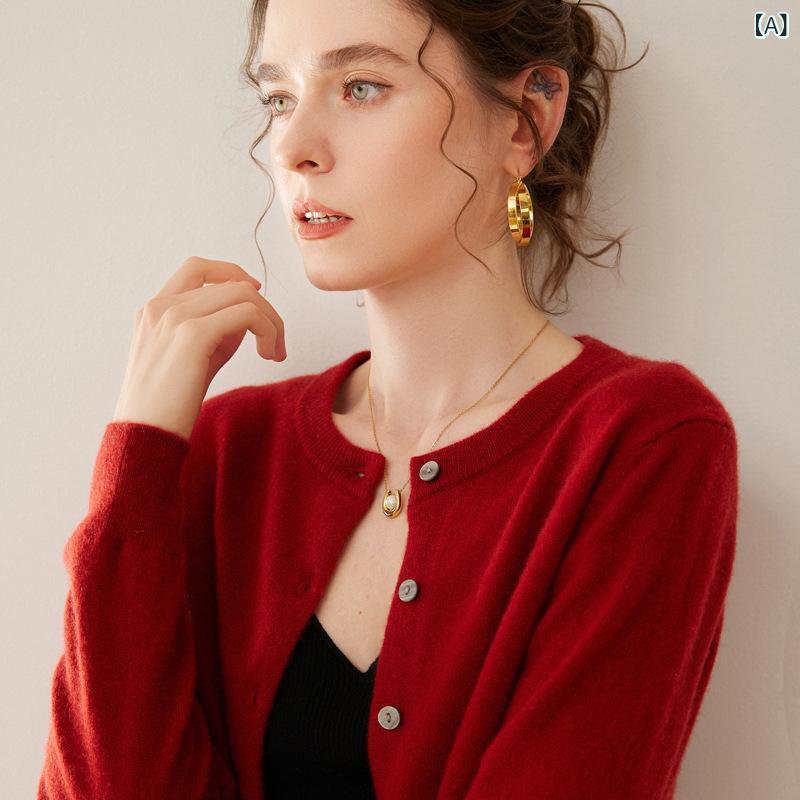 ニット カーディガン レディース 女性用 カシミヤ ラウンドネック 丸首 ゆったり ルーズ オーバーサイズ 前開き ボタン 長袖 細見え 保温 無地 上品 エレガント きれいめ オフィス 通勤 カジュアル 秋冬|Hanbok Home