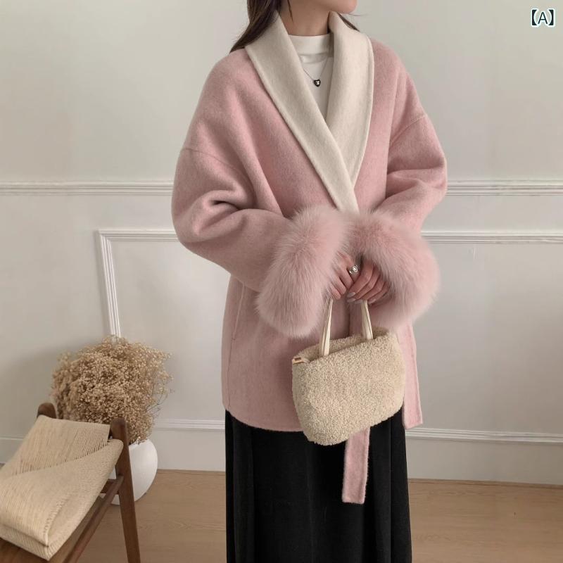 コート レディース 女性用 秋冬 韓国ファッション ウール混 ダブルフェイス ミドル丈 ゆったり テーラードカラー ファー袖 ローブコート 厚手 暖か きれいめ 通勤 オフィス 普段使い ピンク ブラック アイボリー グレー