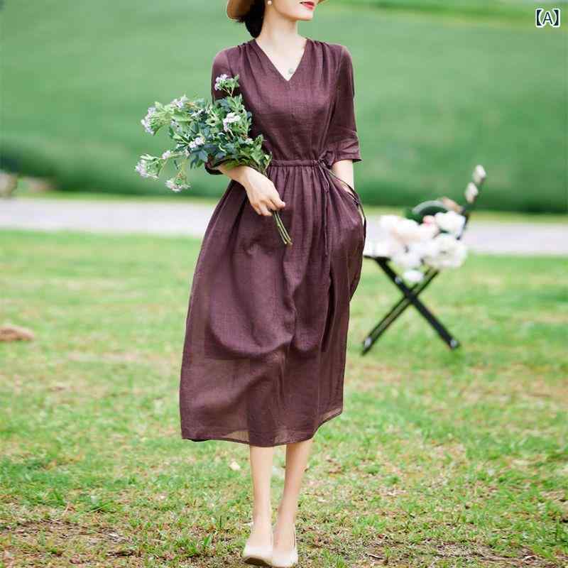 ワンピース レディース 春夏 綿麻 Vネック 半袖 ゆったり 体型カバー ウエストリボン Aライン ロング丈 無地 上品 エレガント レトロ クラシック 普段使い お出かけ ワインレッド