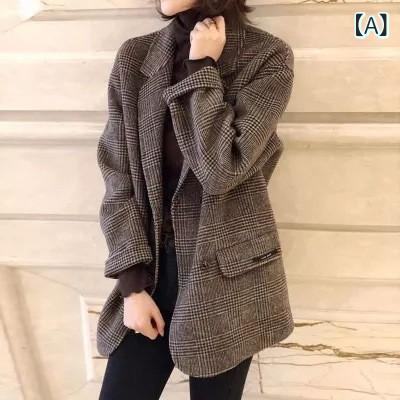 ジャケット レディース 秋冬 韓国風 韓流ファッション ブリティッシュスタイル ゆったり オーバーサイズ ダブルボタン ショート丈 テーラードカラー チェック柄 ポリエステル 長袖 カジュアル 通勤 オフィス アウター