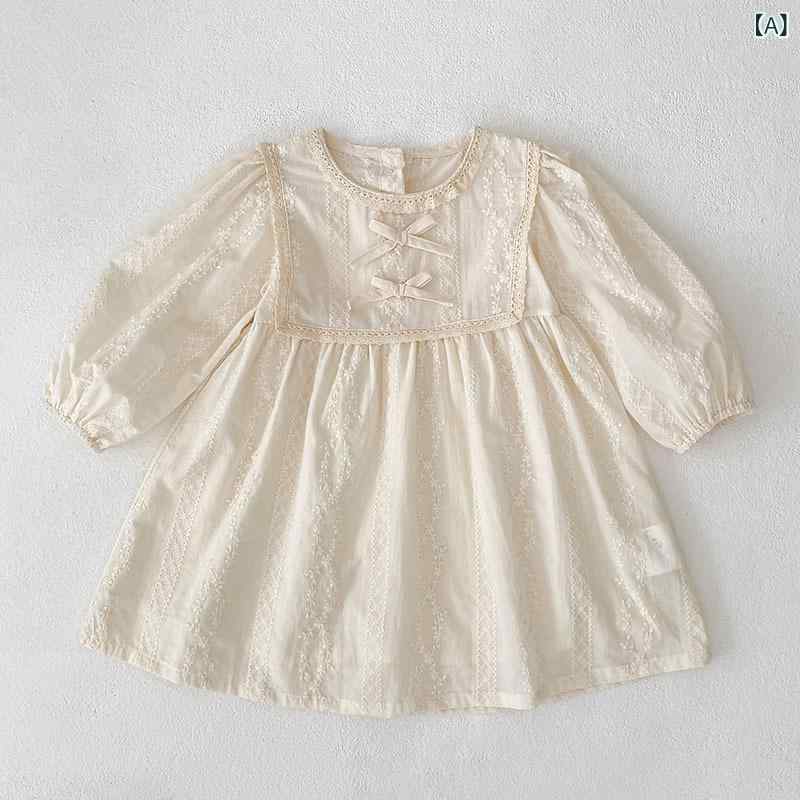 ワンピース ロンパース 女の子 女児 ベビー 赤ちゃん 子供 キッズ 綿100% 長袖 Aライン 春秋 フラワー 刺繍 かわいい おしゃれ 韓国風 お出かけ 普段使い 姉妹コーデ お揃い リンクコーデ 杏色