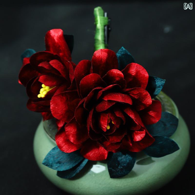 髪飾り レディース 手作り 伝統工芸 絹ベルベット椿 チャイナドレス 中華風 赤系 レッド ヘアクリップ 高級感 華やか 上品 エレガント パーティー 結婚式 イベント