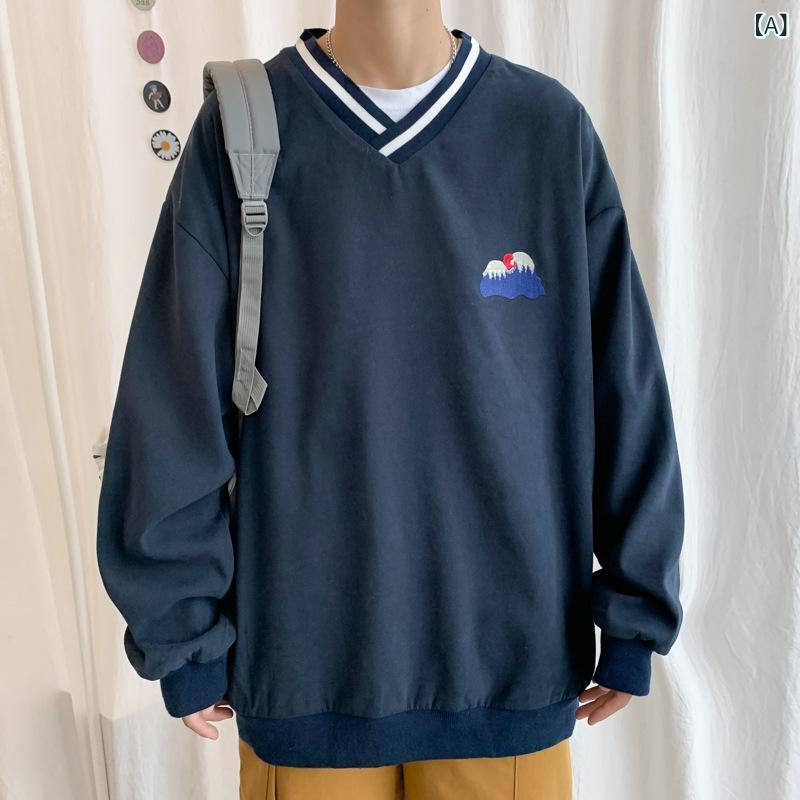 スウェット メンズ 秋冬 Vネック 刺繍 ストリート カジュアル ビッグシルエット ゆったり 長袖 ポリエステル デイリーユース ネイビー ピンク