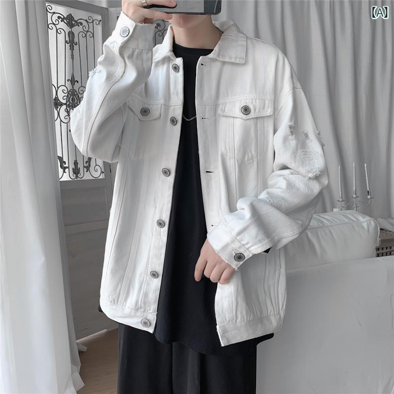 ジャケット メンズ 男性用 春夏 韓流 KPOPファッション ダメージ加工 刺繍入り ゆったり オーバーサイズ 大きいサイズ 綿 コットン カジュアル ストリート ライトアウター 羽織り
