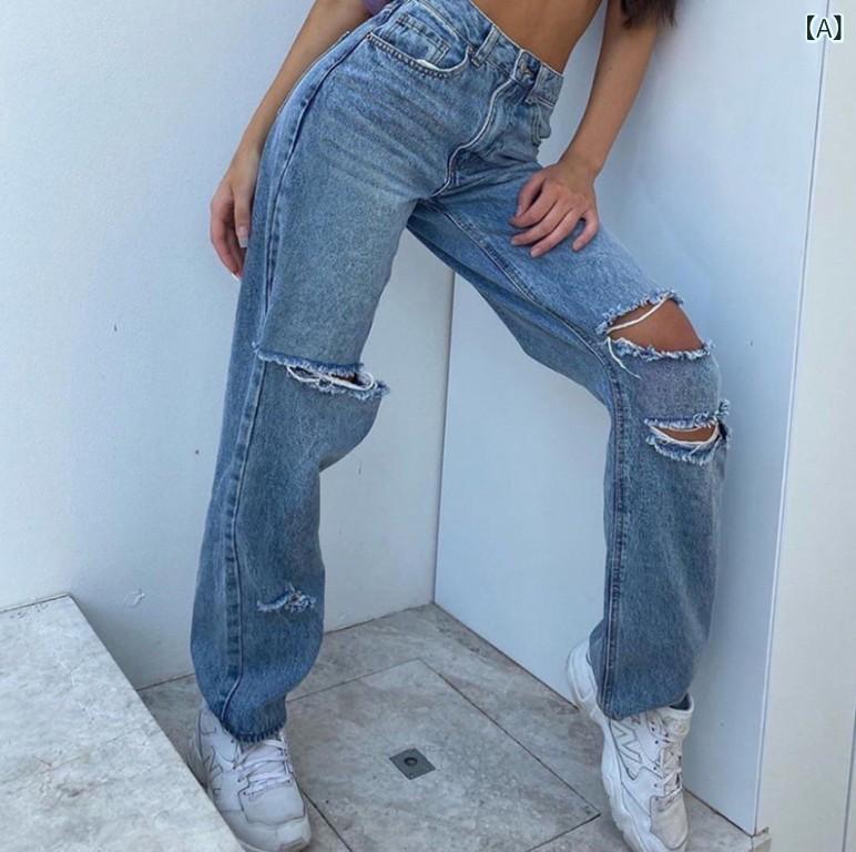 デニムパンツ レディース ハイウエスト ハイライズ ストレート ジーンズ ヒップアップ スタイルアップ ダメージ ウォッシュ加工 綿 コットン カジュアル 通勤 秋冬 ライトブルー