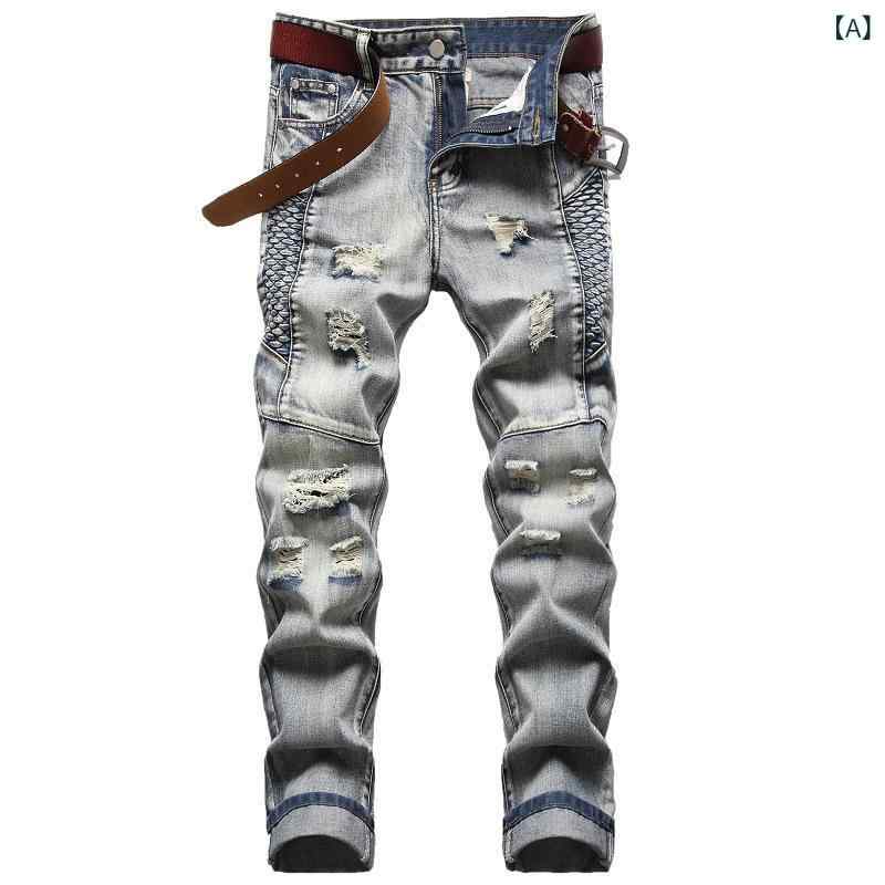 デニムパンツ メンズ 欧米カジュアル ストリートファッション レトロ ヴィンテージ ウォッシュ加工 ユーズド加工 クラッシュ加工 刺繍 個性派 ストレートシルエット ジーンズ コットン 綿素材