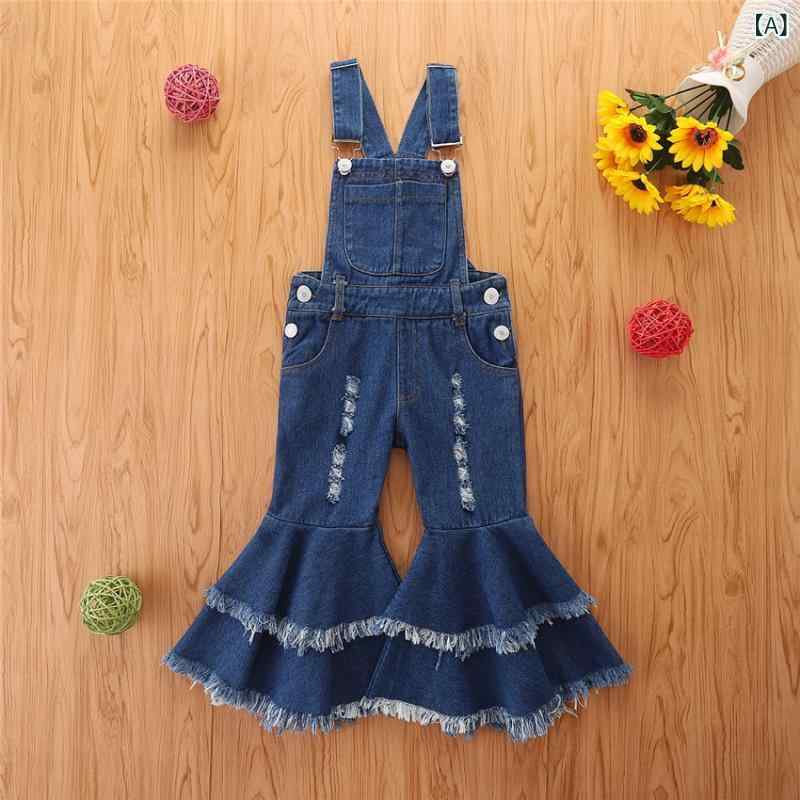 キッズ 女の子 デニム オーバーオール フレアパンツ 春秋 ロング丈 ダブルレイヤー ウエストゴム 着回し抜群 柔らか素材 カジュアル